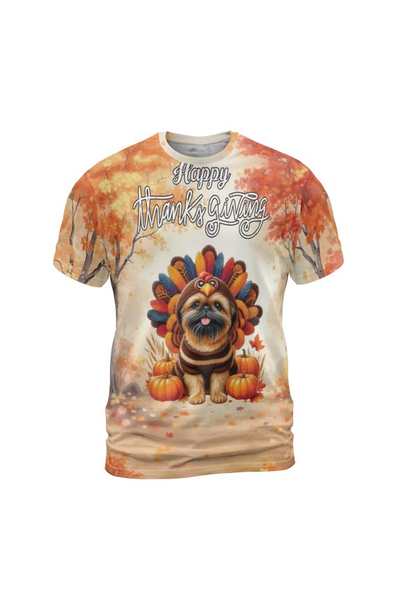 Happy Thanksgiving Brussels Griffon Turkey Costume Pumpkins Autumn Leaves All Over Print 3D Shirt Unisex Merch Griff Dog Lover - 13014