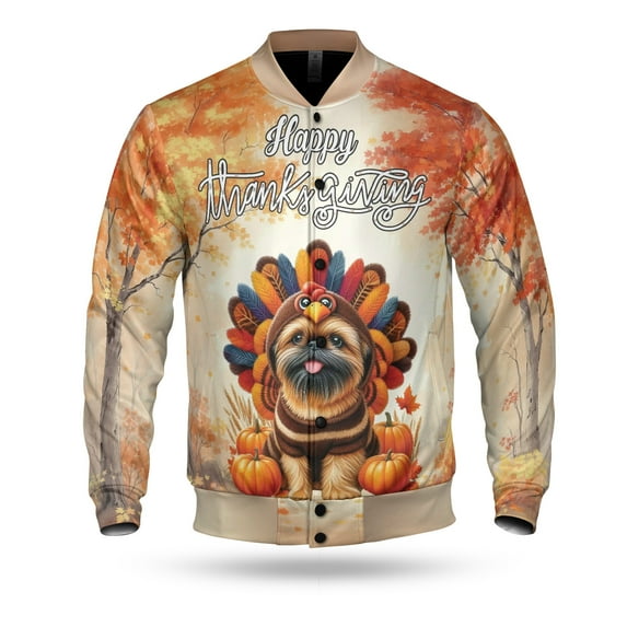 Happy Thanksgiving Brussels Griffon Turkey Costume Pumpkins Autumn Leaves All Over Print 3D Baseball Jacket Griff Dog Lover Bomber Jacket Softball - 13014