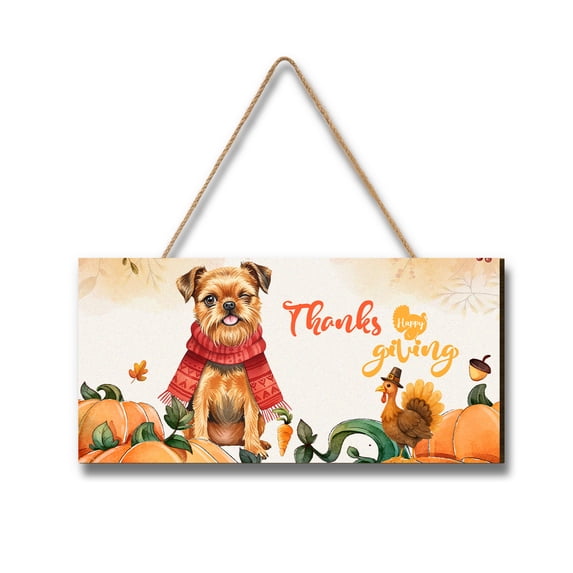 Happy Thanksgiving Brussels Griffon with Turkey Pumpkins Autumn Vibes Landscape Wood Sign Griff Dog Lover Hanging Wall Home Decor - 12018