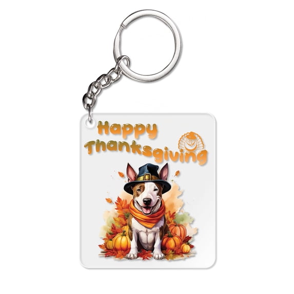 Happy Thanksgiving Bull Terrier Welcome Thankful Fall Autumn Pumpkin Acrylic Keychain Bully Dog Lovers Gifts Idea Collar Charm Tag Keyring - 02021