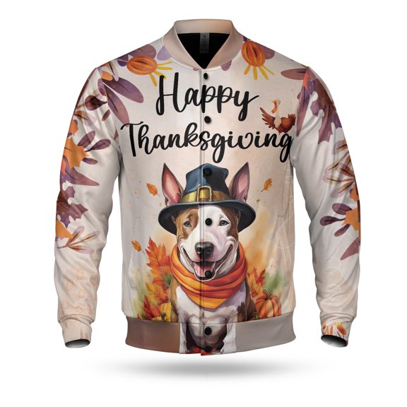 Happy Thanksgiving Bull Terrier Welcome Thankful Fall Autumn Pumpkin All Over Print 3D Baseball Jacket Bully Dog Lovers Gifts Idea Bomber Jacket Softball - 02021