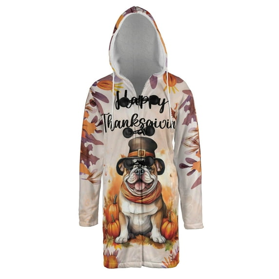 Happy Thanksgiving Bulldog Welcome Thankful Fall Autumn Pumpkin All Over Print 3D Hooded Duffle Toggle Coat Dog Lover Gifts Idea - 02021
