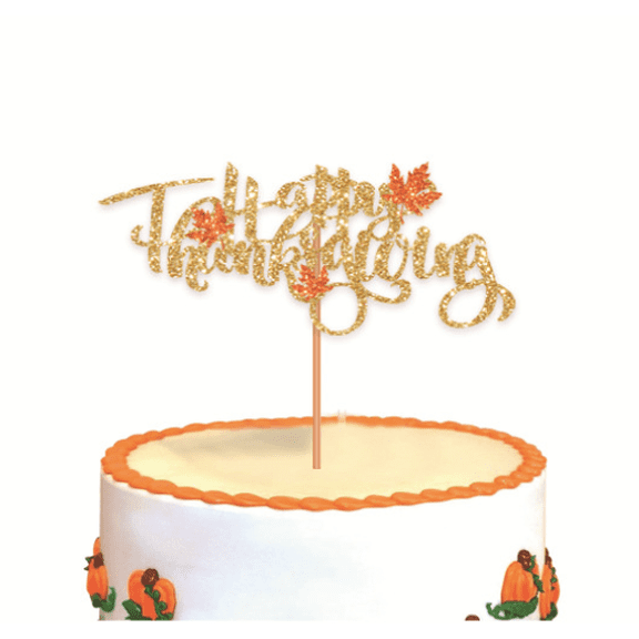 Happy Thanksgiving Cake Topper, Gold Glitter, Fall Maple Leaf Design, Holiday Party Decoration