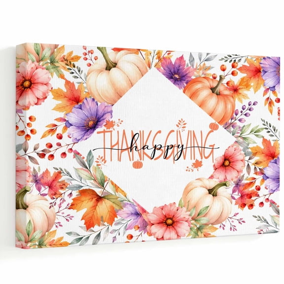 Happy Thanksgiving Canvas Wall Art, Fall Orange Pumpkin Purple Aster Blossoms Wall Art Prints Artwork Framed Canvas Ready to Hang Art Pictures for Bathroom, Dressing Table, Entryway 12" x 8"