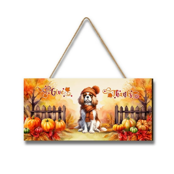 Happy Thanksgiving Cavalier King Charles Spaniel Give Thanks Fall Beanie Scarf Welcome Landscape Wood Sign Dog Lover Gifts Hanging Wall Home Decor - 00020