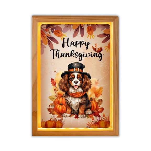Happy Thanksgiving Cavalier King Charles Spaniel Welcome Thankful Fall Autumn Acrylic Plaque with Wood Photo Frame Box Dog Lover Gifts Light Box - 02021
