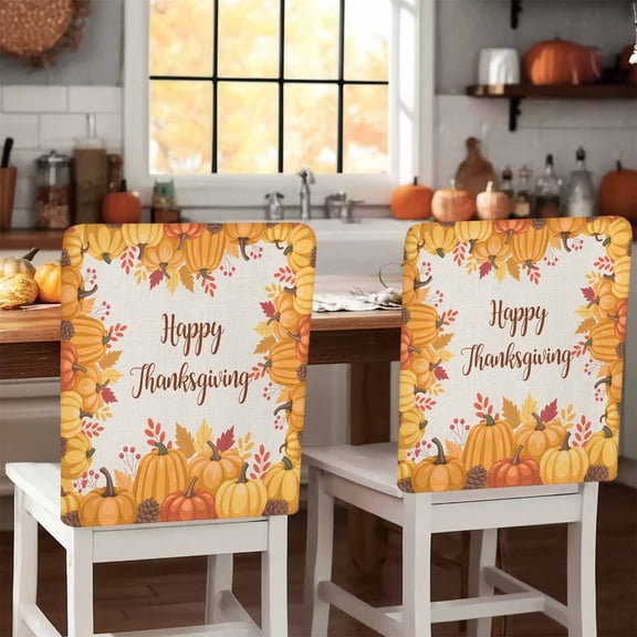 Happy Thanksgiving Chair Covers Set of 1 Fall Pumpkin Vintage Linen Farmhouse Chair Back Covers Stretch Removable Washable Slipcovers Protector for Dining Room Kitchen Party Decor