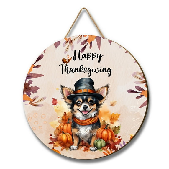 Happy Thanksgiving Chihuahua Welcome Thankful Fall Autumn Pumpkin Round Wood Sign Dog Lover Gifts Idea Hanging Wall Home Decor - 02021