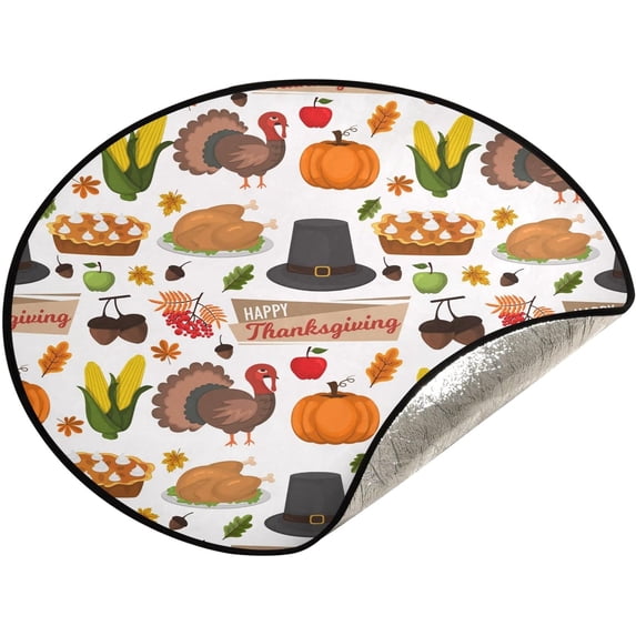 Happy Thanksgiving Christmas Tree Mats Waterproof Tree Skirt, Autumn Elements Xmas Tree Stand Tray Mat Floor Protector Pad for Holiday Party Decoration, 28.3"