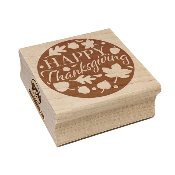 Happy Thanksgiving Circle with Fall Leaves and Acorns Square Rubber Stamp Stamping Scrapbooking Crafting - Small 1.25in
