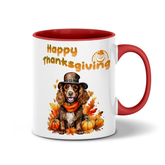 Happy Thanksgiving Cocker Spaniel Welcome Thankful Fall Autumn Pumpkin 11oz Accent Two-tone Mug Cockers Dog Lover Gifts Coffee Tea Cup - 02021