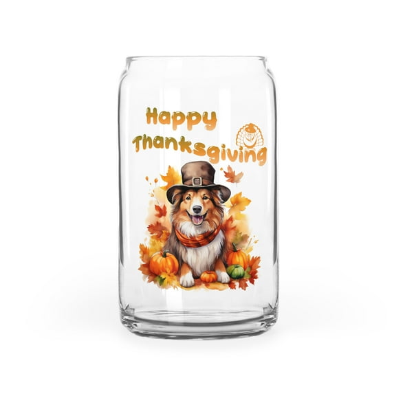 Happy Thanksgiving Collie Welcome Thankful Fall Autumn Pumpkin 16oz Glass Cup Mug Collie Dog Lover Gifts Idea Glass Can - 02021