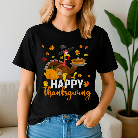 Happy Thanksgiving Colorful Letters Floral Turkey T-Shirt for Women