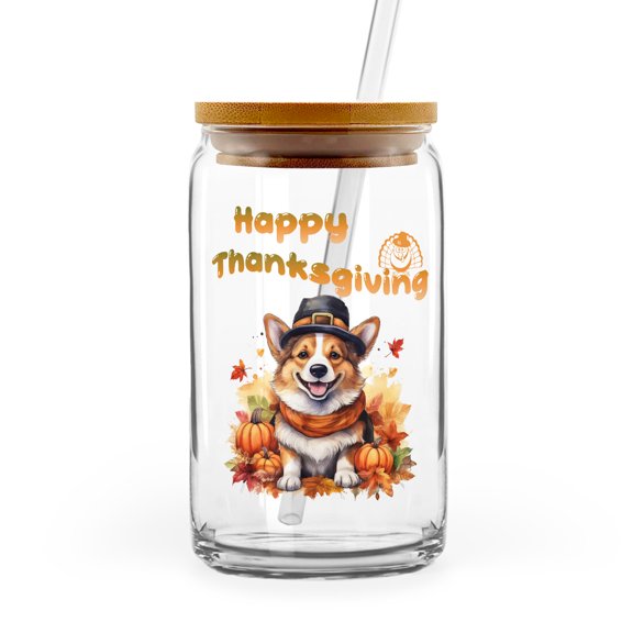 Happy Thanksgiving Corgi Welcome Thankful Fall Autumn Pumpkin 16oz Glass Cup Mug Welsh Corgi Dog Lover Gifts Idea Glass Can with Bamboo Lid and Straw - 02021