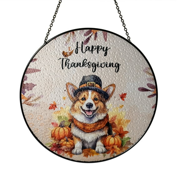 Happy Thanksgiving Corgi Welcome Thankful Fall Autumn Pumpkin Stained Glass Suncatcher Welsh Corgi Dog Lover Gifts Idea Window Hanging Sign Decor - 02021