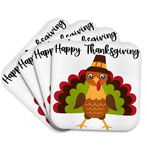 3drose, Happy Thanksgiving Cute and Colorful Turkey in a Pilgrim Hat, Set of 4 Coasters - Soft