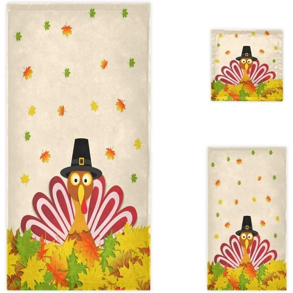 Happy Thanksgiving Cute Turkey On Colors Autumn Leaves Soft Decorative 3 Pieces Towels Set, 1 Bath Towel+1 Hand Towel+1 Washcloth, Multipurpose for Bathroom, Hotel, Gym, Spa and Beach