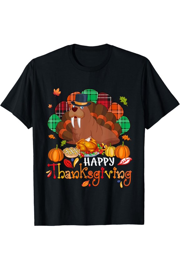 Happy Thanksgiving Cute Walrus Cosplay Turkey With Dinner T-Shirt