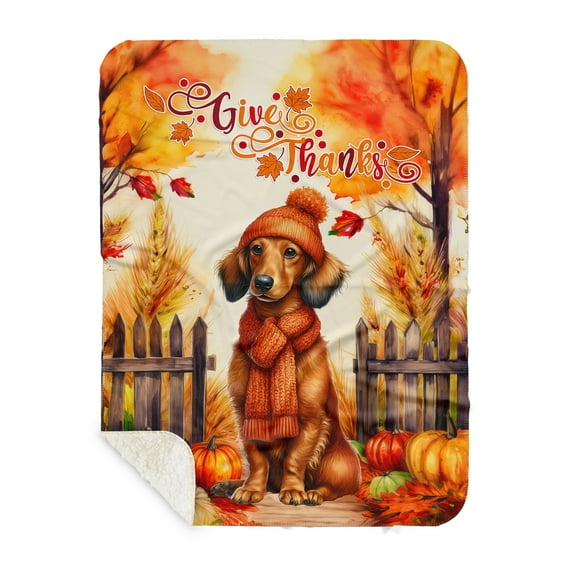 Happy Thanksgiving Dachshund Give Thanks Fall Beanie Scarf Welcome Cozy Sherpa Blanket Wiener Dog Lover Gifts Idea Warm Soft Throw Blanket - 00020