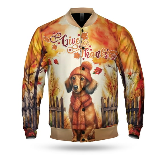 Happy Thanksgiving Dachshund Give Thanks Fall Beanie Scarf Welcome All Over Print 3D Baseball Jacket Wiener Dog Lover Gifts Idea Bomber Jacket Softball - 00020