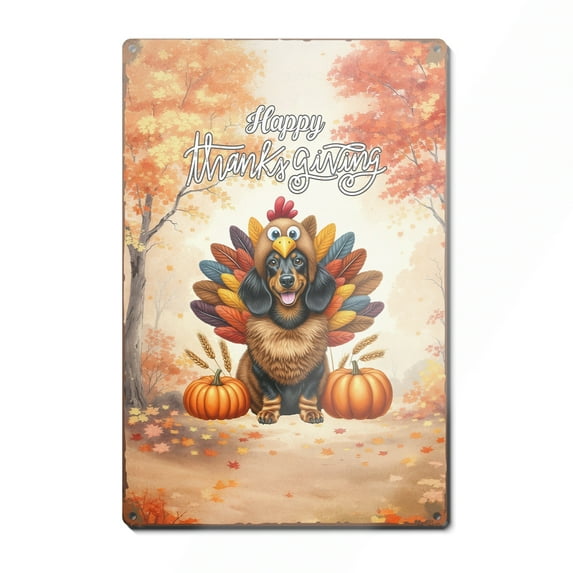 Happy Thanksgiving Dachshund Turkey Costume Pumpkins Autumn Leaves Vertical Metal Aluminum Sign Wiener Dog Lover Gifts Idea Wall Art Home Decor - 130144
