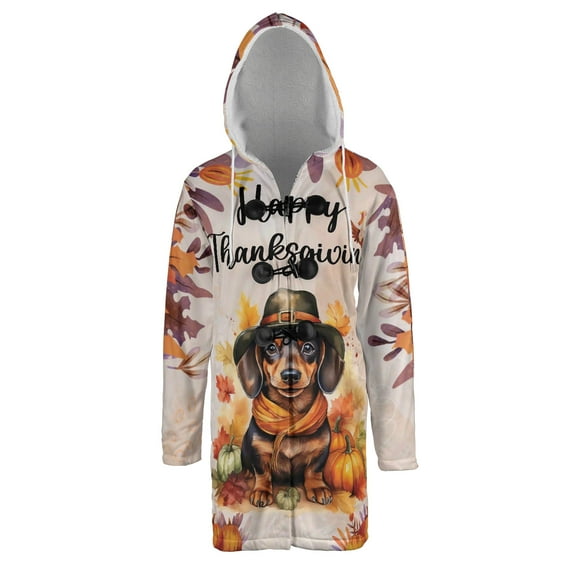 Happy Thanksgiving Dachshund Welcome Thankful Fall Autumn Pumpkin All Over Print 3D Hooded Duffle Toggle Coat Wiener Dog Lover Gifts Idea - 02021