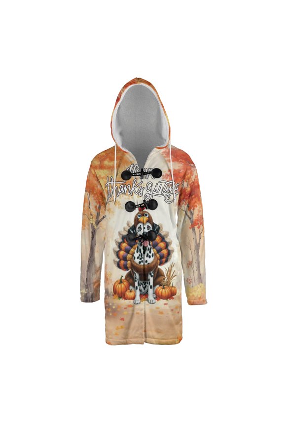 Happy Thanksgiving Dalmatian Turkey Costume Pumpkins Autumn Leaves All Over Print 3D Hooded Duffle Toggle Coat Dog Lover - 13014
