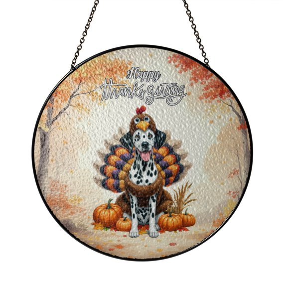 Happy Thanksgiving Dalmatian Turkey Costume Pumpkins Autumn Leaves Stained Glass Suncatcher Dog Lover Window Hanging Sign Decor - 130144