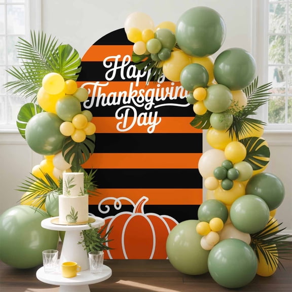 Happy Thanksgiving Day Arch Backdrop Cover, 4FT, Fall Pumpkin Spandex Arch Covers Double-Sided Backdrop for Wedding Birthday Party Photo Background Decoration