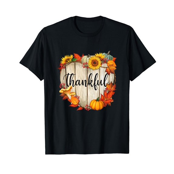 Happy Thanksgiving Day Autumn Fall Maple Leaves Thankful Cotton Black T-Shirt