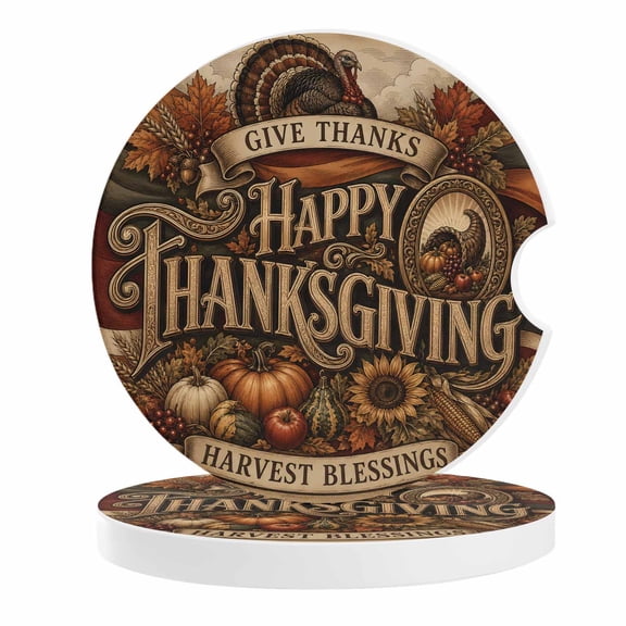 Happy Thanksgiving Day Car Coasters for Cup Holders Set of 2 Absorbent, 2.56" Ceramic Drinks Cupholder Coasters with Finger Notch Vintage Harvest Pumpkins Fall Auto Interior Accessories for Women