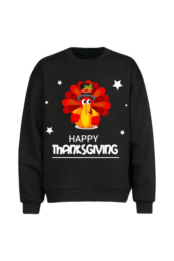 Happy Thanksgiving Day Design Men's Autumn Round Neck Sweatshirt Black Loose Fit,Sizes S-2XL