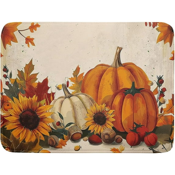 Happy Thanksgiving Day Harvest Dish Drying Mat for Kitchen Counter,Sunflower Maple Leaves Pumpkin Drying Mat 18 x 24 Inch with Absorbent Reversible Microfiber Dish Drying Pad for Coffee Bar
