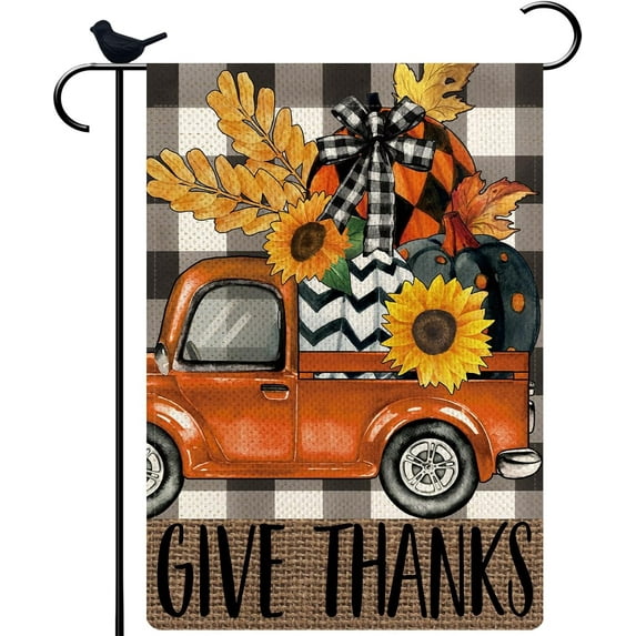 Happy Thanksgiving Day Truck Garden Flag Hello Fall Vertical Double Sided Burlap 12.5x18 Inch Holiday Farmhouse Seasonal Yard Outdoor Decor