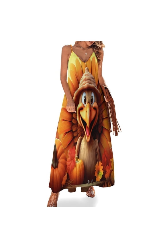 Happy Thanksgiving Day Turkey Pumpkin Design Sleeveless Dress Woman Fashion Long Dresses Women's Summer Suit Dress 2025