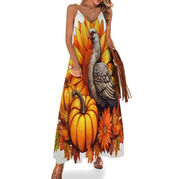 Happy Thanksgiving Day Turkey Pumpkin Fine Art Sleeveless Dress Summer Dress Woman 2025