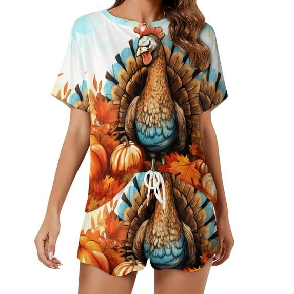 Happy Thanksgiving Day Turkey Pumpkin Women's Ruffle Short Sleeve Tops And Shorts Cute Peeps Bunny Pajamas Sets