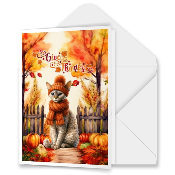 Happy Thanksgiving Devon Rex Give Thanks Fall Beanie Scarf Welcome 5x7in Folded Greeting Card Cat Lover Kitten Owner Gifts Single Note Card with Envelope - 00020