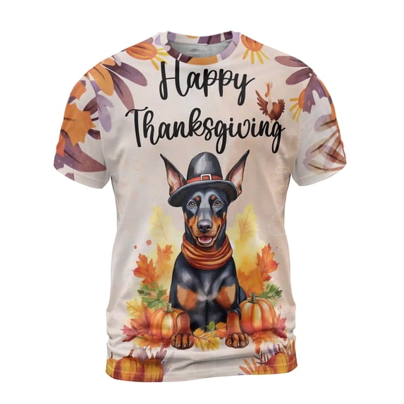 Happy Thanksgiving Doberman Pinscher Welcome Thankful Fall Autumn Pumpkin All Over Print 3D Shirt Unisex Merch Doberman Dog Lover Gifts - 02021