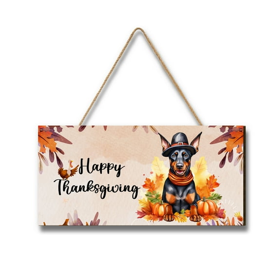 Happy Thanksgiving Doberman Pinscher Welcome Thankful Fall Autumn Pumpkin Landscape Wood Sign Doberman Dog Lover Gifts Hanging Wall Home Decor - 02021