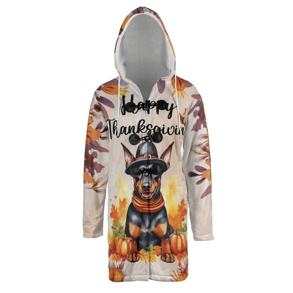 Happy Thanksgiving Doberman Pinscher Welcome Thankful Fall Autumn Pumpkin All Over Print 3D Hooded Duffle Toggle Coat Doberman Dog Lover Gifts - 02021
