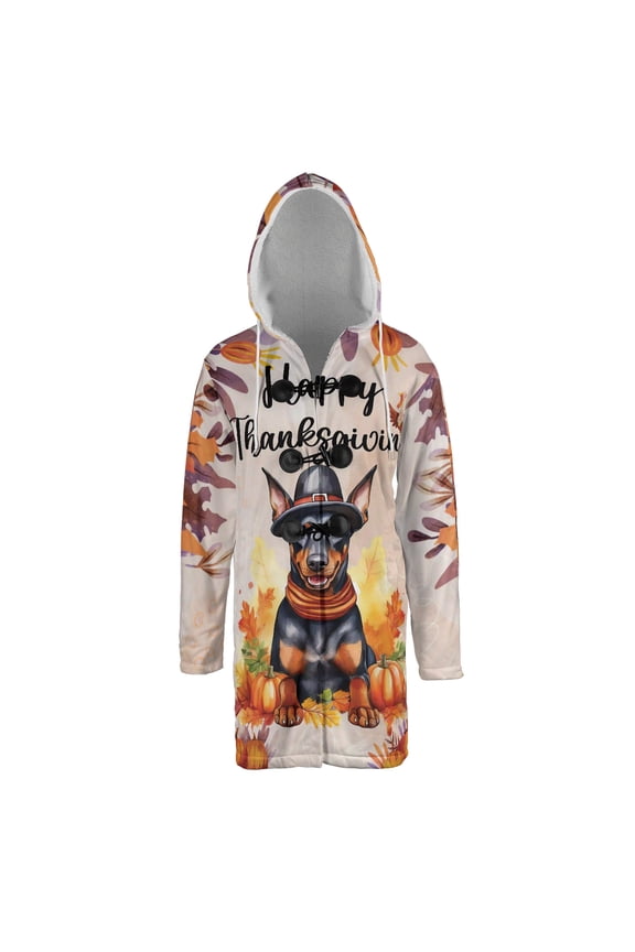 Happy Thanksgiving Doberman Pinscher Welcome Thankful Fall Autumn Pumpkin All Over Print 3D Hooded Duffle Toggle Coat Doberman Dog Lover Gifts - 02021
