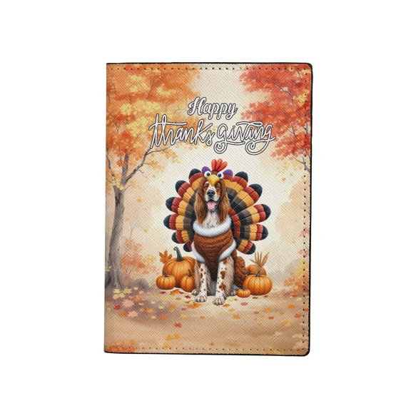 Happy Thanksgiving English Setter Turkey Costume Pumpkins Autumn Leaves Travel Passport Wallet Dog Lover PU Leather Passport Holder Cover - 13014