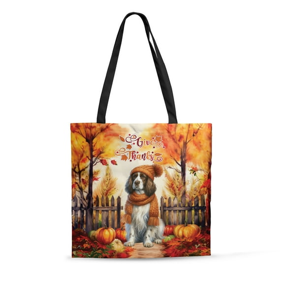 Happy Thanksgiving English Springer Spaniel Give Thanks Fall Beanie Scarf Welcome All Over Print 3D Canvas Tote Bag Springers Dog Lover Gifts Reusable Handbag - 00020