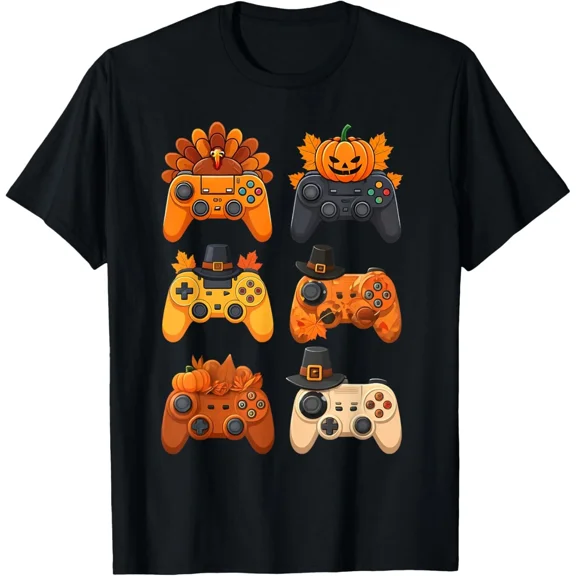Happy Thanksgiving Fall Gaming Controllers Turkey Holiday Gamer Gift Unisex T-Shirt, S-5XL