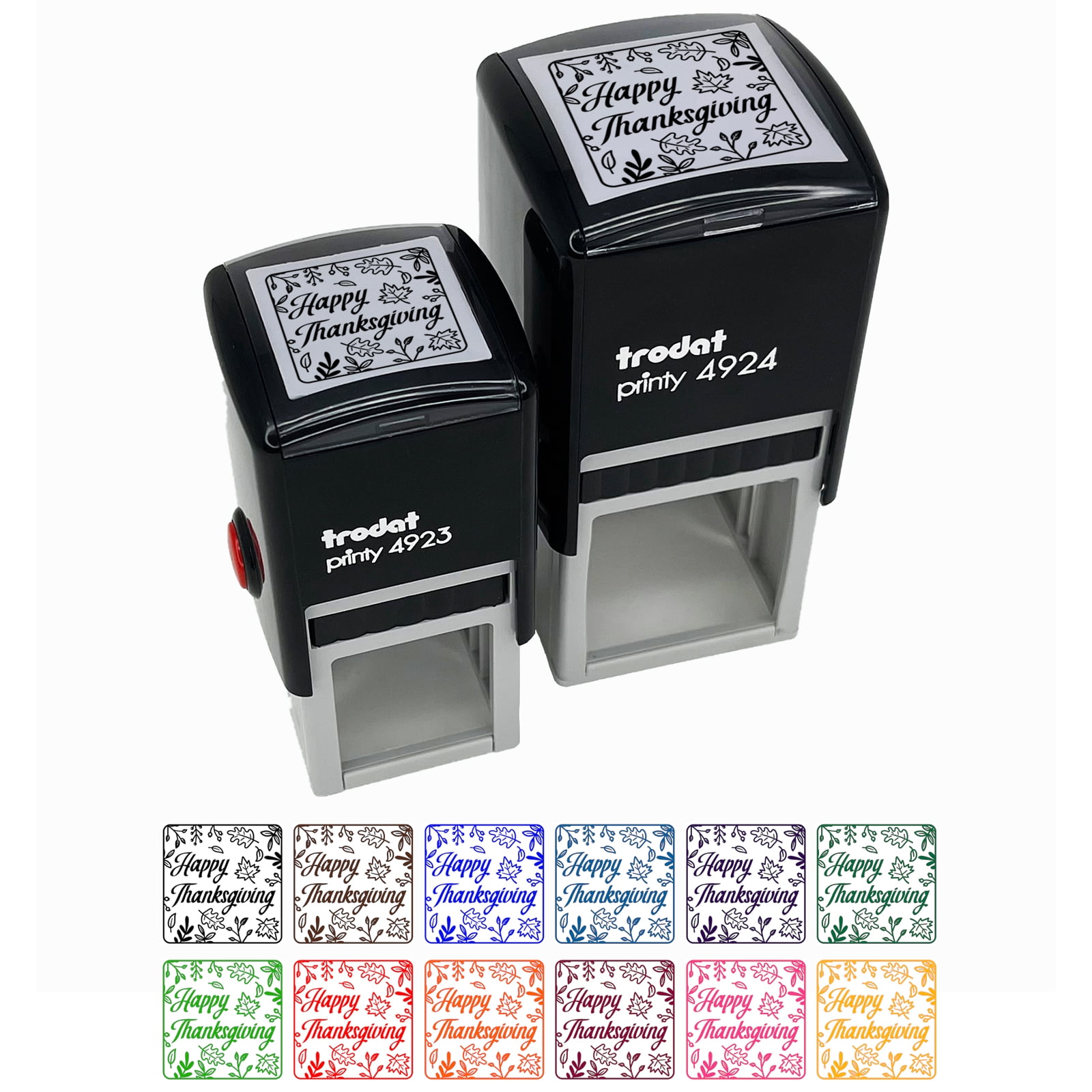 Happy Thanksgiving Fall Leaves Self-Inking Rubber Stamp Ink Stamper - Brown Ink - Small 1 Inch