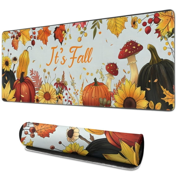 Happy Thanksgiving Fall Pumpkin Large Gaming Mouse Pad Extended Mouse Pads with Stitched Edges, Non-Slip Base, Water Resist Keyboard Pad for Gamer, Office & Home, 31.5 X 11.8 in