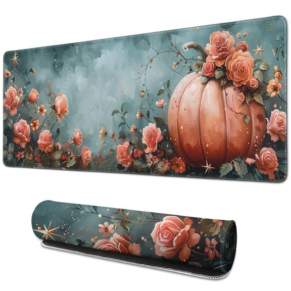 Happy Thanksgiving Fall Pumpkin Rose Large Gaming Mouse Pad Extended Mouse Pads with Stitched Edges, Non-Slip Base, Water Resist Keyboard Pad for Gamer, Office & Home, 31.5 X 11.8 in