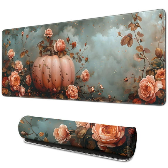 Happy Thanksgiving Fall Pumpkin Rose Large Gaming Mouse Pad Extended Mouse Pads with Stitched Edges, Non-Slip Base, Water Resist Keyboard Pad for Gamer, Office & Home, 31.5 X 11.8 in