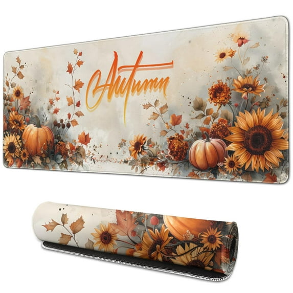 Happy Thanksgiving Fall Pumpkin Sunflower Large Gaming Mouse Pad Extended Desk Mouse Pad with Stitched Edges, Non-Slip Base, Water Resist Keyboard Pad for Gamer, Office & Home, 31.5 X 11.8 in